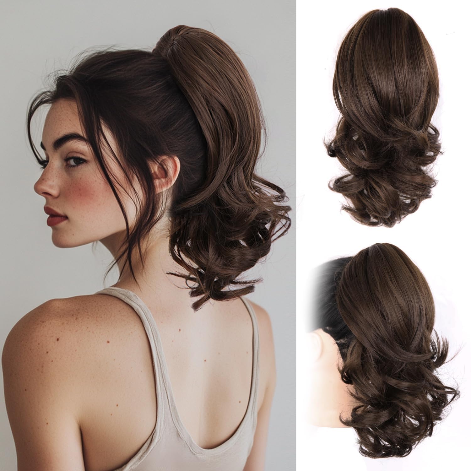 Miss Lirenn® Ponytail Extension Claw Multi Layered Hair Wavy Curly Jaw Clip in Fake Pony Tails Fake Hair Soft Natural Looking Synthetic Hair Extension for Women (Dark Brown)