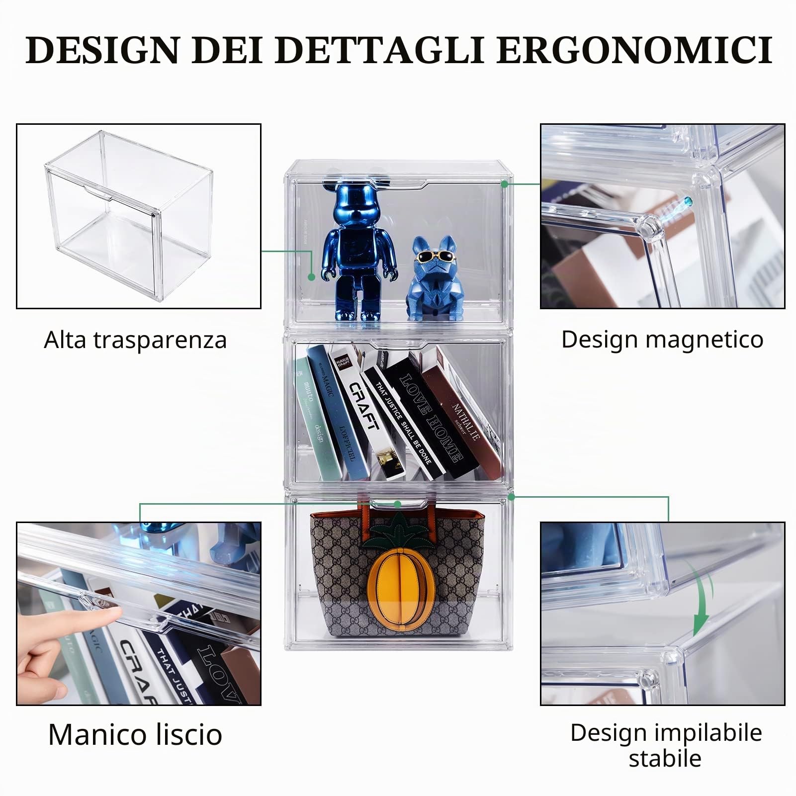 starogegc Confezione da 3 organizer per borse in plastica trasparente per armadio, vetrina acrilica per borsa e borsa, organizer per armadio con coperchio magnetico per libri, giocattoli, cappello