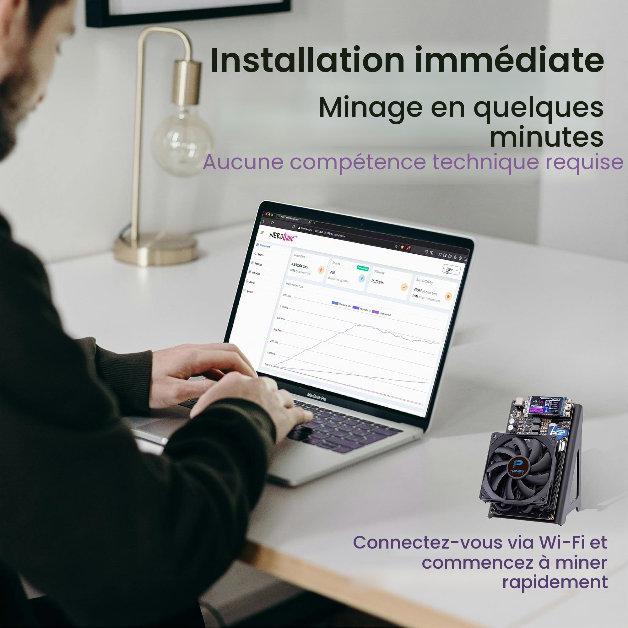 NerdQaxe++ Silent Bitcoin Miner – 6 TH/s @ 100 W | 4 puces BM1370 | Refroidissement à Faible Bruit | Wi-FI et LAN 2,4 G | AxeOS Open Source | Comprend Alimentation 12,4V 10A et Support en métal