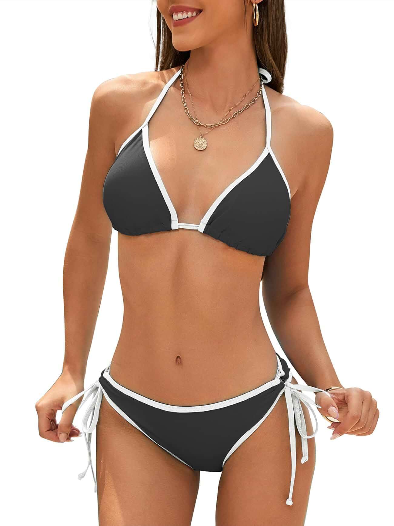 String Triangle Bikini Set for Women Halter 2 Piece Tie Side Black White M