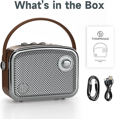 Miniatura 7 de Altavoz Bluetooth portátil de estilo vintage, marrón, diseño retro con rejilla de malla metálica, forma cuadrada compacta (marrón)