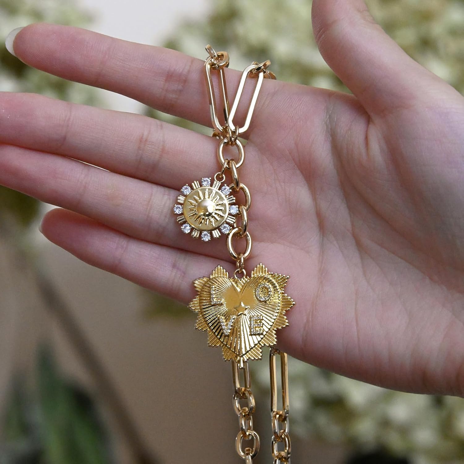 Sun Heart Necklace for Women 18K Gold Plated Heart Pendant Necklace Chunky Chain Choker Necklaces Hip Hop Charm Necklaces Trendy Unisex Jewelry - Image 4