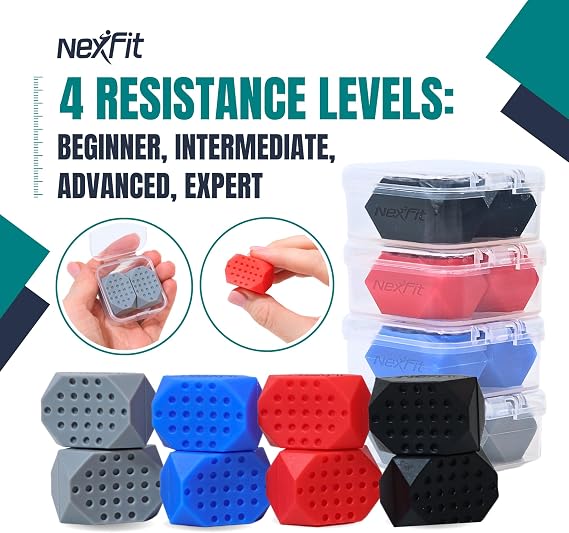 Jaw Exerciser for Men & Women – 4-Level Resistance Face & Neck Toning Device – Food-Grade Silicone Double Chin Reducer – 8 Piece Kit with Carry Cases – Compact, Safe Design for Sculpted Jawline