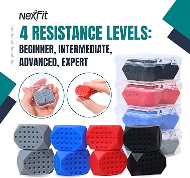 Jaw Exerciser for Men & Women – 4-Level Resistance Face & Neck Toning Device – Food-Grade Silicone Double Chin Reducer – 8 Piece Kit with Carry Cases – Compact, Safe Design for Sculpted Jawline