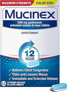 Mucinex 12 Hour 1200mg Maximum Strength Guaifenesin Chest Congestion &amp; Mucus Relief, Guaifenesin Expectorant Aids Mucus Removal, Chest Decongestant for Adults, Dr Recommended, 42ct Tablets