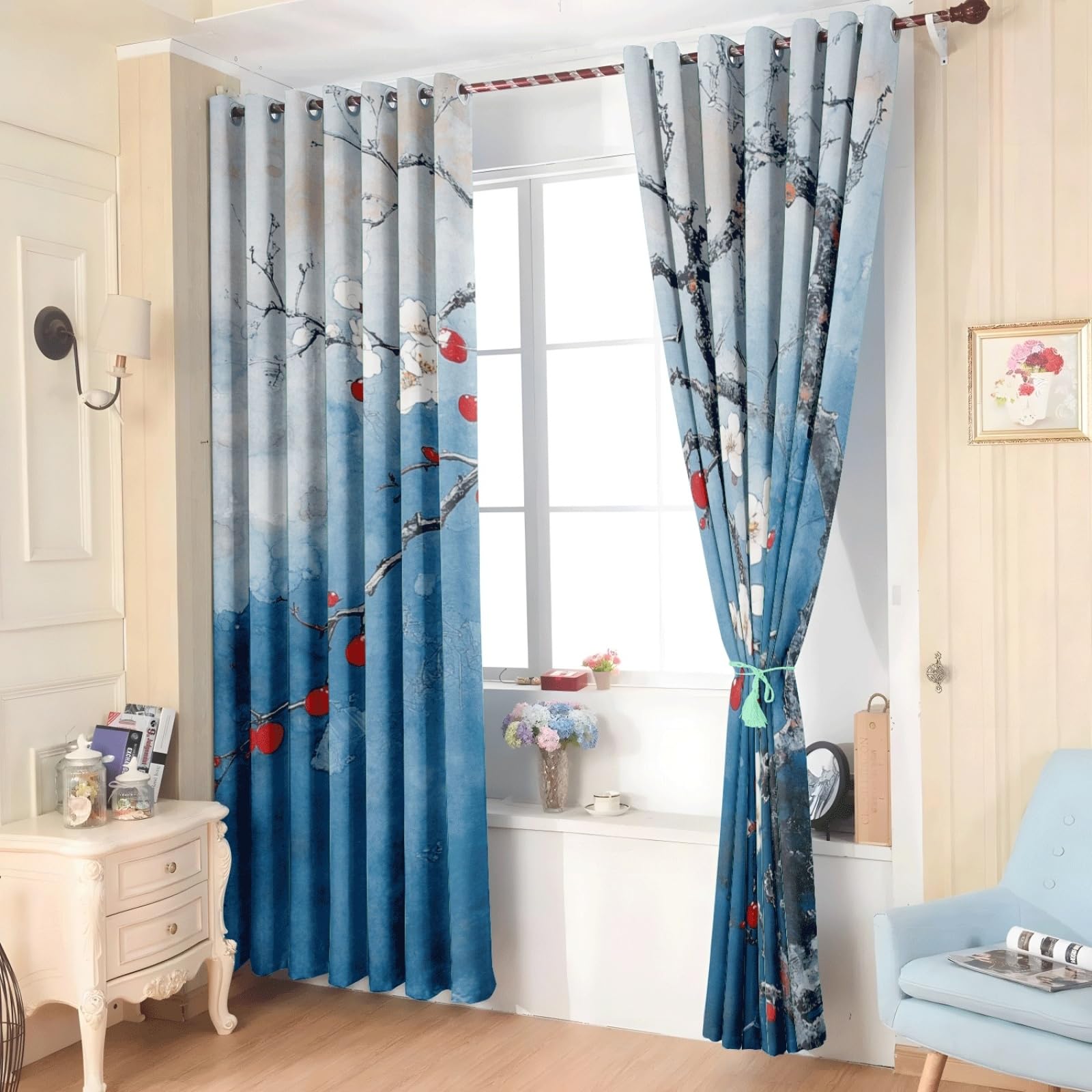 Curtain Blauer Baum Rot Gardinen Polyester Vorhang mit Ösen Blackout Curtain Waschbar Vorhänge mit Ösen Living Room Thermovorhang Schlafzimmer Verdunklungsvorhänge Blickdicht 2x140x160cm