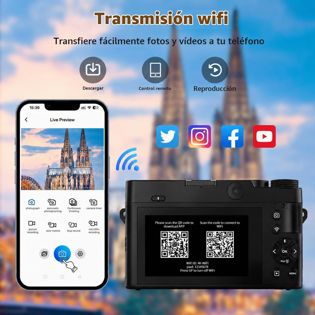 Cámara Digital 5K 75MP Cámara de Fotos para Vlogs con Wi-Fi, Cámara Compacta con Pantalla LCD de 3", Autofoco, Zoomdigital 18X, Tarjeta 64GB Incluida, Selfies Cámara para Principiantes Adolescentes