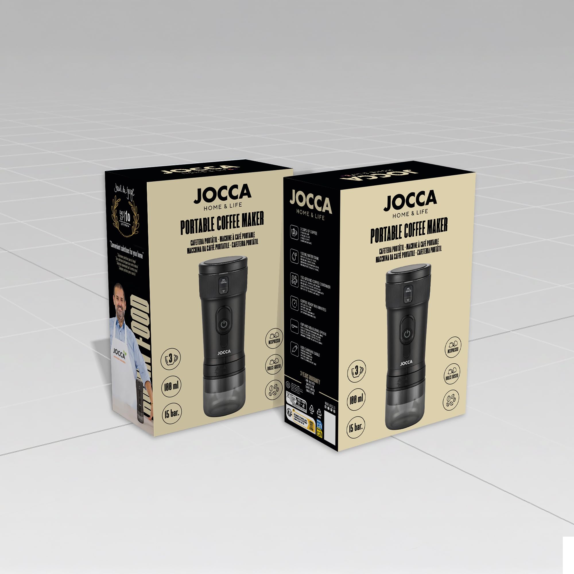 Jocca – Cafetera Portátil 3 en 1 | Compatible con Cápsulas Nespresso, Dolce Gusto y Café Molido | 15 Bares, Batería 2600mAh, Calentador 100W, USB-C, 100ml, Café Caliente en 8 Minutos