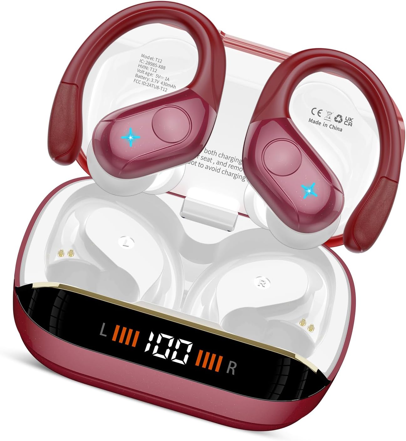 Wireless Earbuds Bluetooth Headphones Stereo Deep Bass Sports Ear Buds with Earhooks, Bluetooth Earbuds, LED Display, IP7 Waterproof Earphone, Red Wireless Earbuds Bluetooth Headphones Stereo Deep Bass Sports Ear Buds with Earhooks, Bluetooth Earbuds, LED Display, IP7 Waterproof Earphone, Red