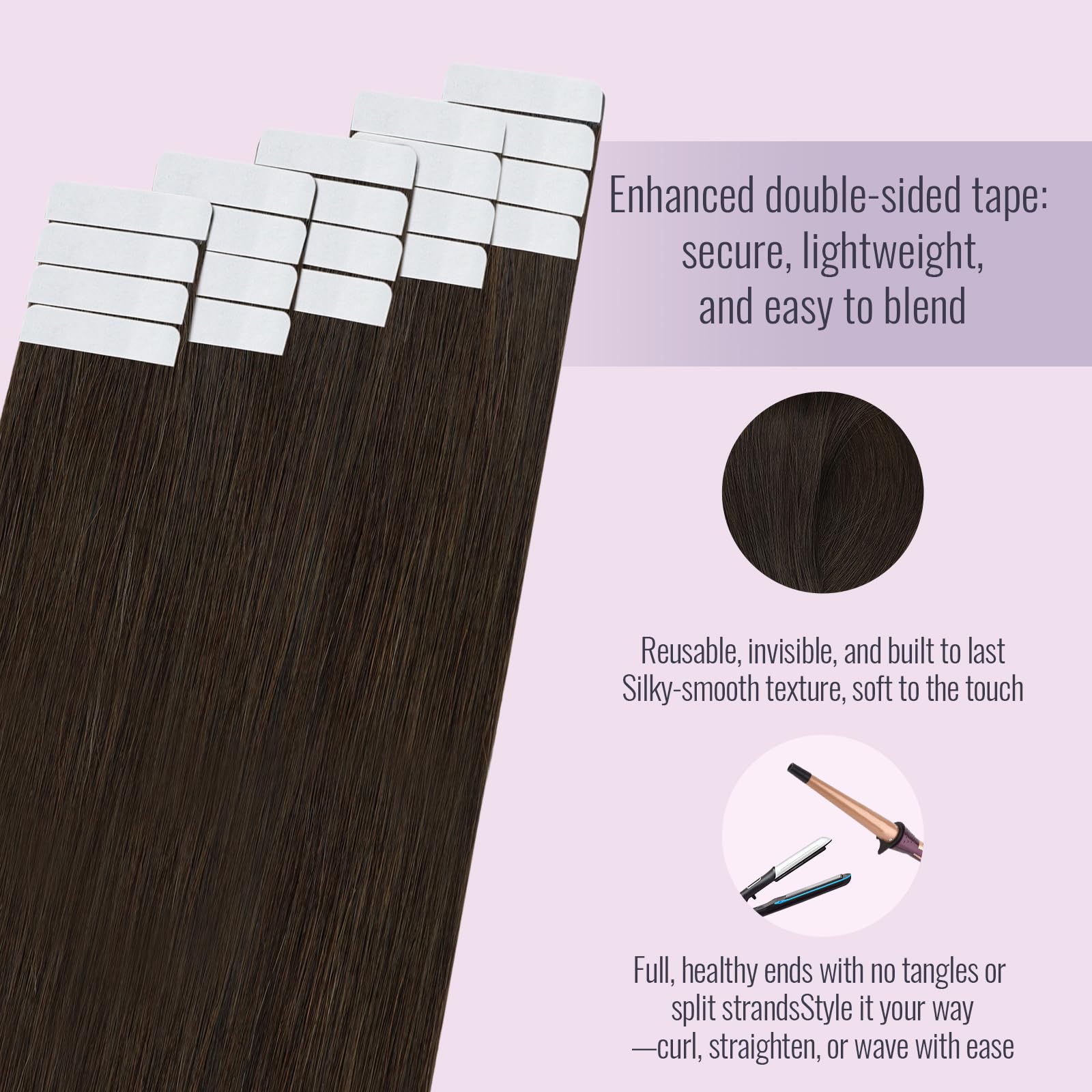 Fshine Tape in Human Hair Extensions 26 Inch Remy Human Hair Tape in Extensions Darkest Brown Skin Weft Long Straight for Women 20pcs 50g Color 2 - Image 3