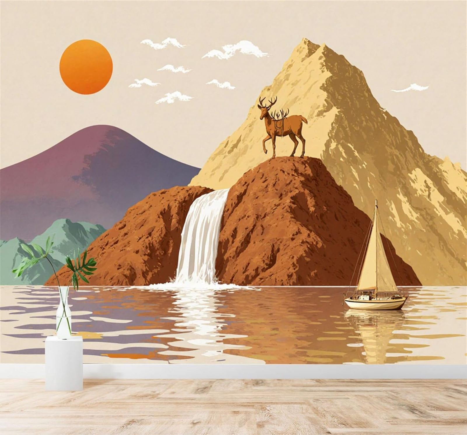 Xlming 350Cm×256Cm(B×H) Colourful Mountains Deer Waterfall Sailing Boat Sunset Scenery 3D Wallpaper Silky Texture Home Study Office Grey Dining Room Sofa Bedroom Living Room Tv Backdrop-350Cm×256Cm