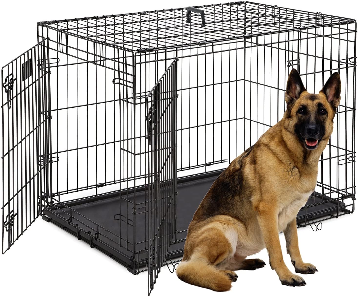 Large Dog Crate, 48 Inch Dog Cage Dual Door Metal Dog Cage with Divider Panel, Leak-Proof Pan, Indoor Outdoor Folding Pet Dog Kennel for Large Pet Animals