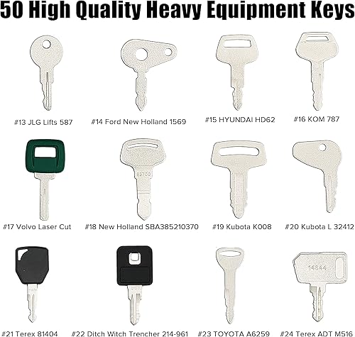 Miniatura 3 de Juego de 50 llaves de equipo pesado, juego de llaves maestras de encendido para JD John Deere Hyster Komatsu Kubota Yanmar Takeuchi Ford New Holland