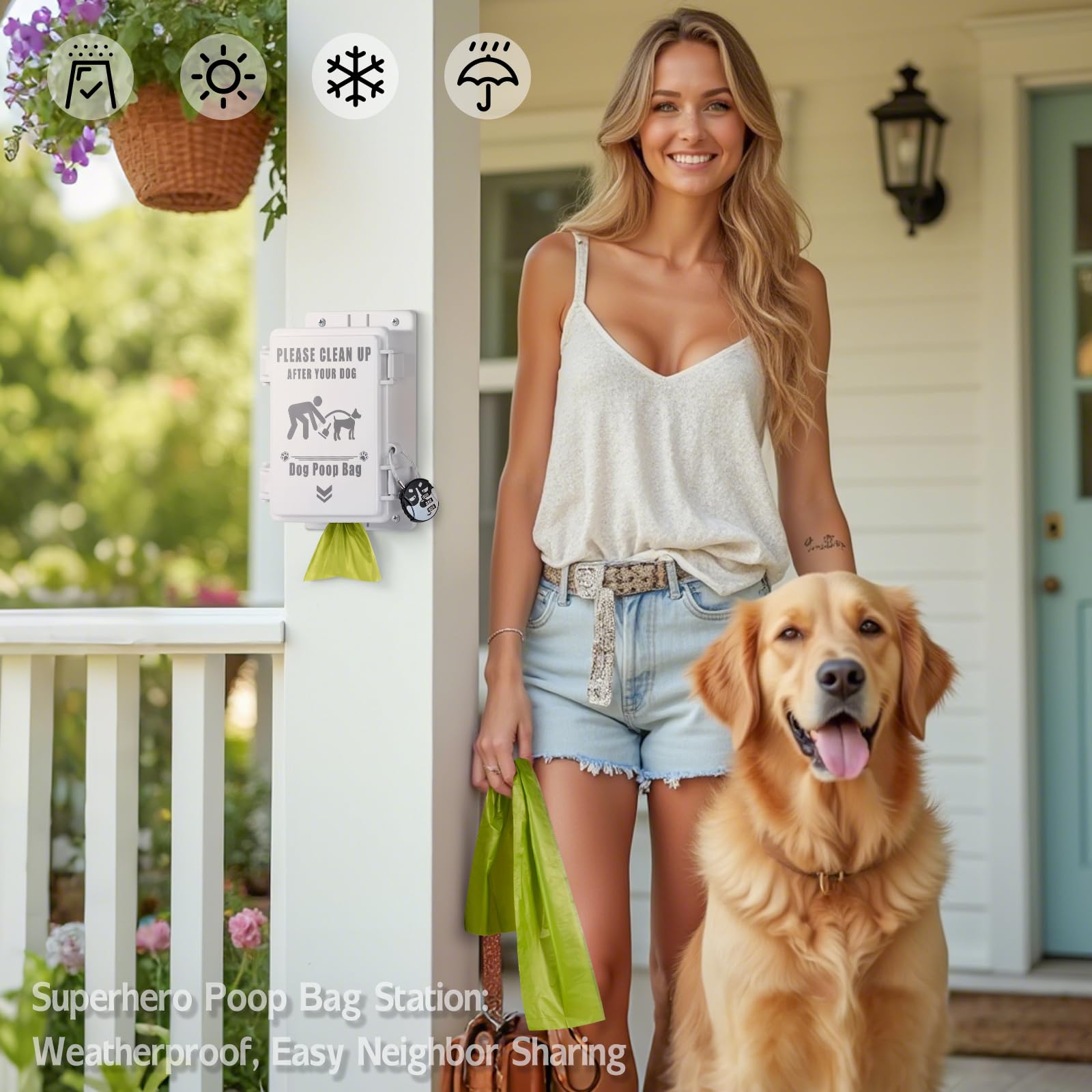Dispensador de bolsas para excrementos de perro al aire libre, montaje en pared, dispensador de bolsas para excrementos impermeable para el hogar, porche, césped, limpieza de patio, solución