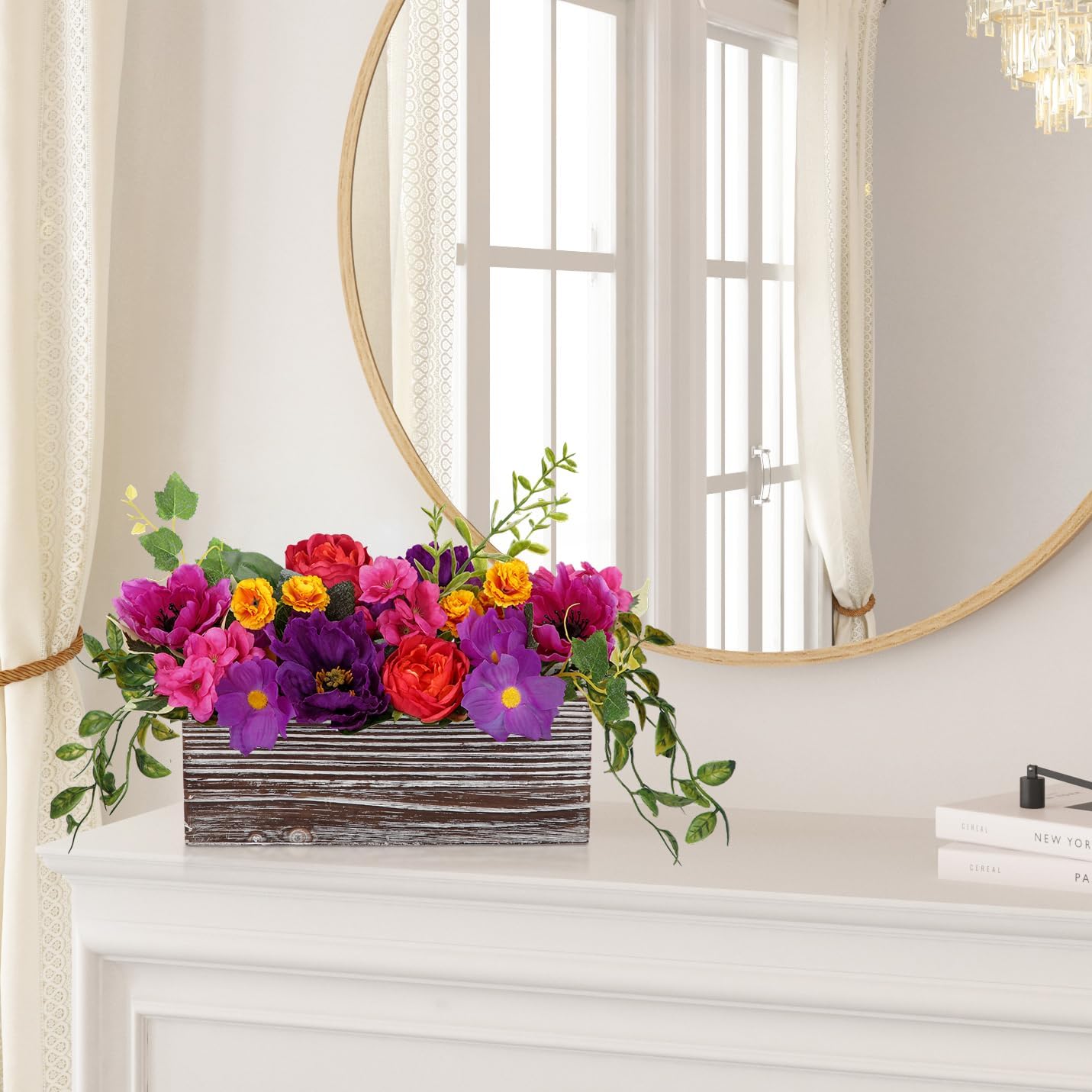 DILATATA Flower Arrangement with Wooden Vase 10" Artificial Flowers in Pot - Fake Flowers in White Rectangular Wooden Vase Potted Faux Flower Centerpieces for Table Decor Living Room - Purple
