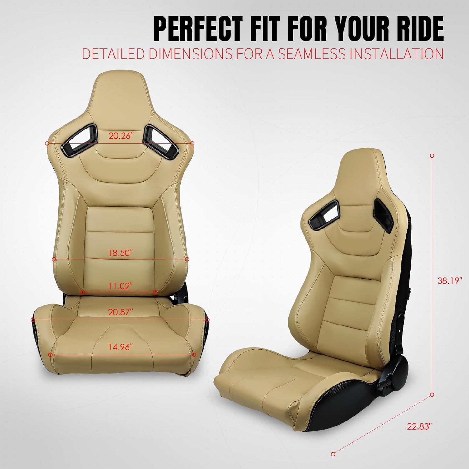 IKON MOTORSPORTS, Universal Racing Seats with 14" Dual Sliders, Beige PU W/Beige Stitching & Carbon Leather Back Reclinable Sport Bucket Seats for Cars, 1 Pair Driver Passenger Side 2PC