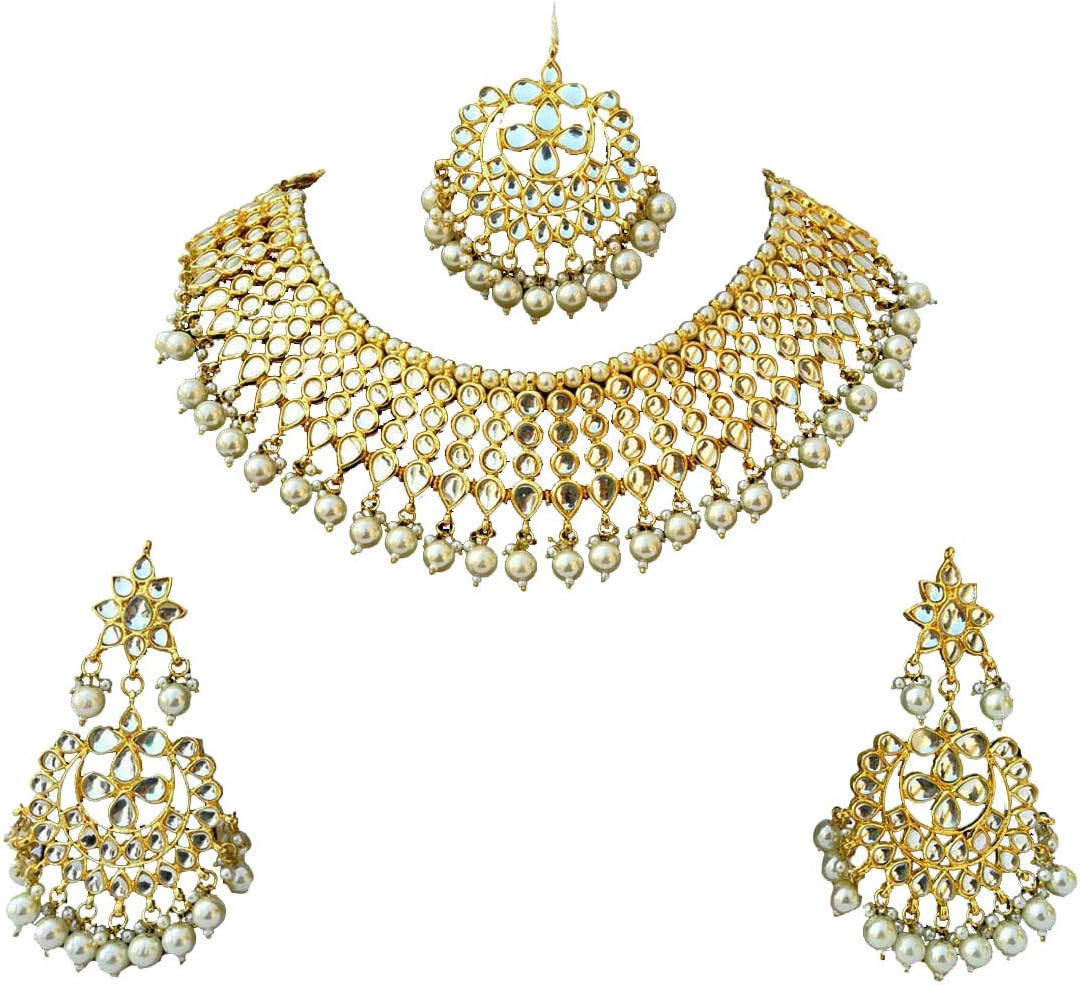 Finekraft White Color Party wear, Bridesmaid Gift Kundan Necklace, Designer Earrings, Tikka set, Pakistani Jewelry, Muslim Jewelry, Indian Jewelry, Weddings Choker,Punjabi Jewelry