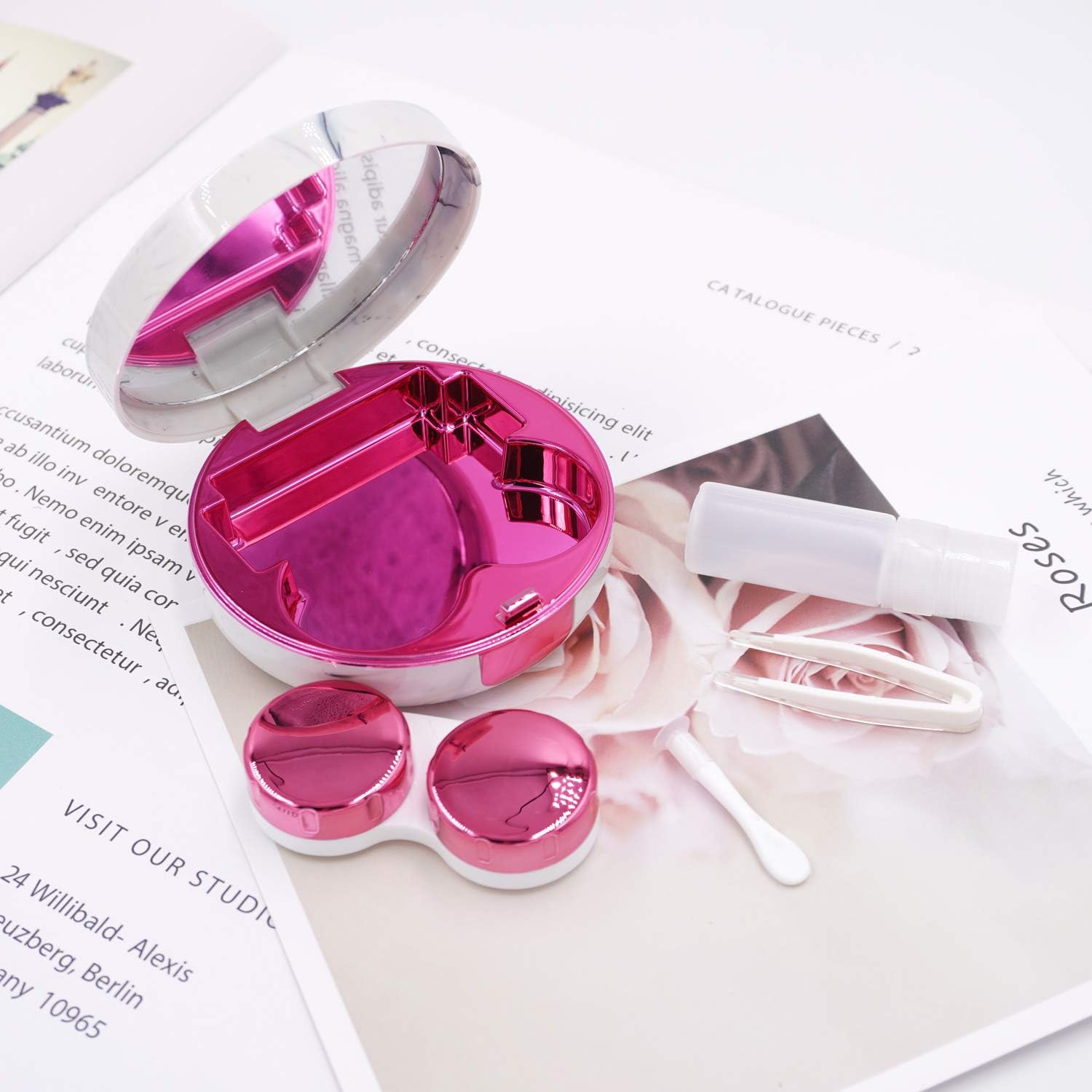 HONBAY Fashion Marble Contact Lens Case Portable Contact Lens Box Kit with Mirror (Round) (Rose Red)