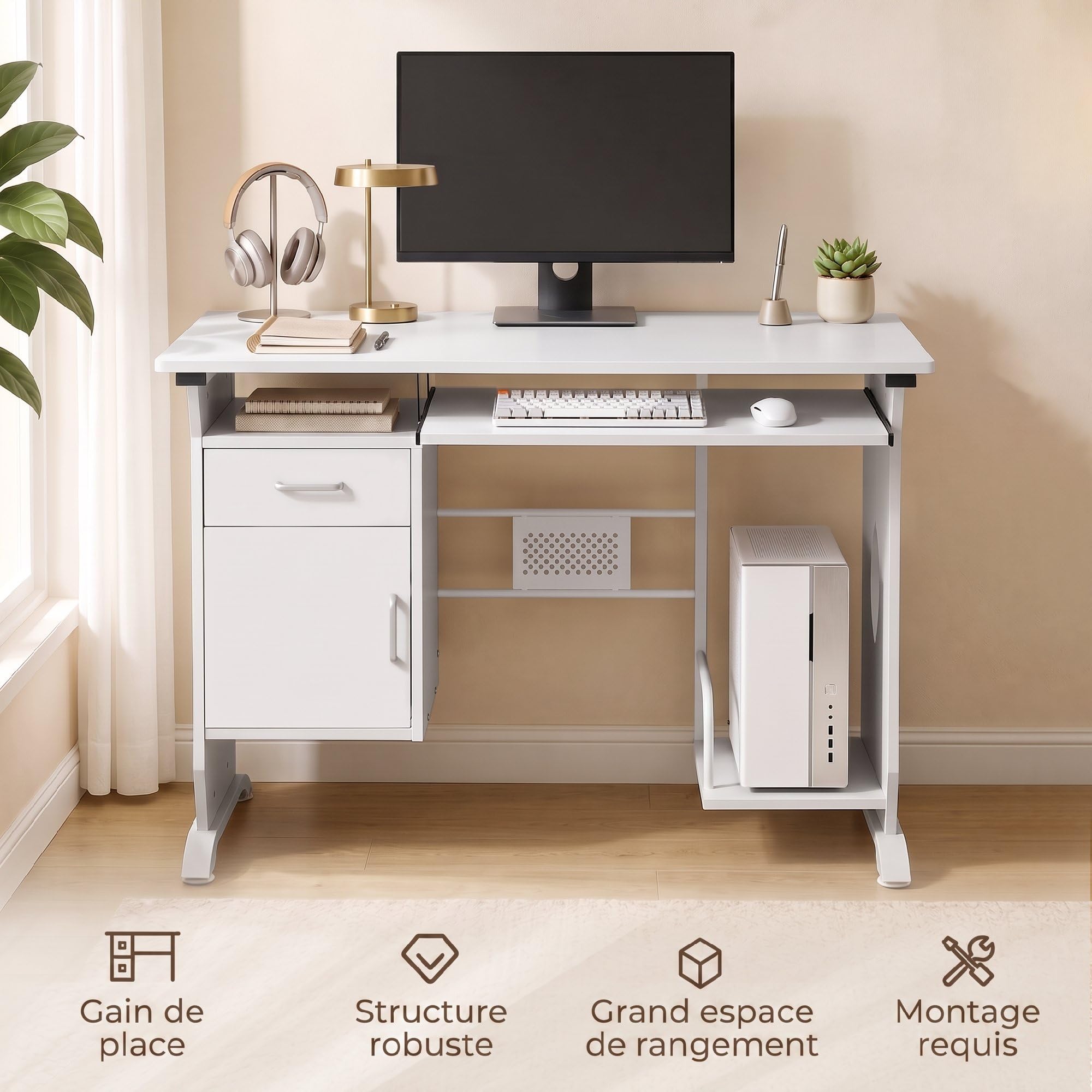 HOMCOM Bureau d'Ordinateur, Tablette Coulissante 100x52x75 cm Blanc