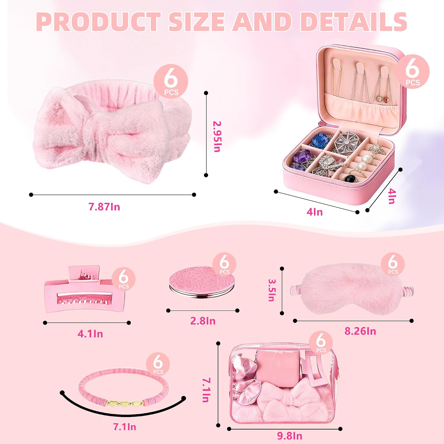 Spa Party Favors Set Bulk 42 PCS,Sleepover Spa Gift Kit with Makeup Bag Jewelry Case Makeup Mirror Wristband Headband Hair Clips Eye Mask,Galentine Slumber Party Supplies,pink image 2