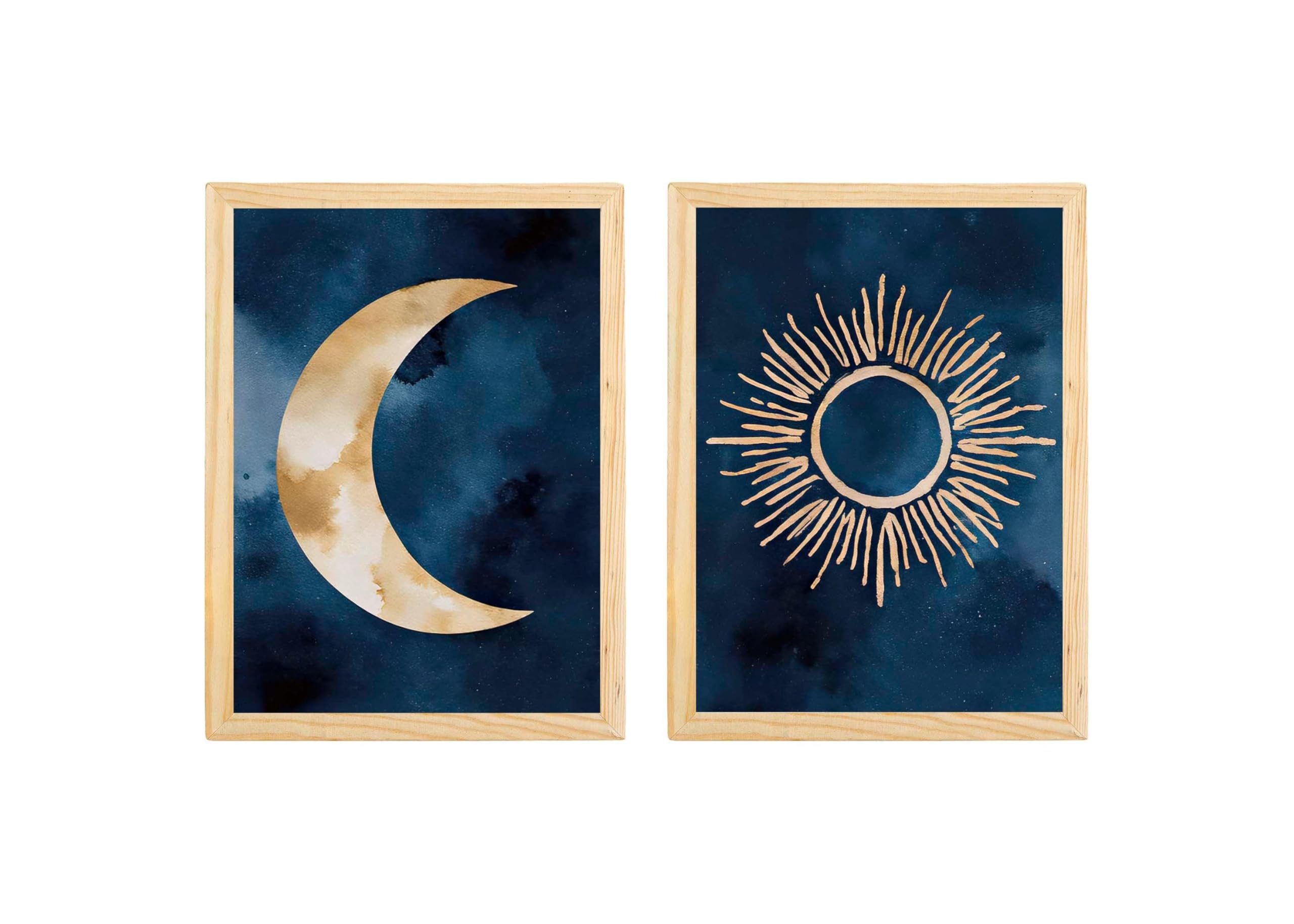 CAOXTART Sun and Moon Watercolor Oil Painting Print Set: Abstract Navy Blue Wall Art Pictures, for Living Room, Home Wall Decor(60x90cmx2/Frameless)