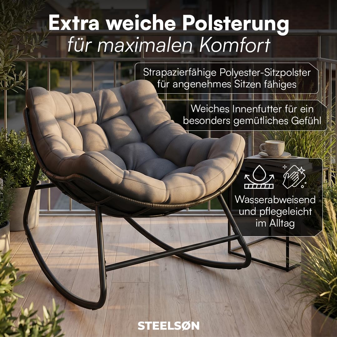 STEELSØN Veldora Schaukelstuhl – XXL Schaukelsessel outdoor/indoor – ergonomischer Gartensessel gepolstert - handgeflochtener Polyrattan - Loungesessel wetterfest & rutschfest – bis 125 kg - anthrazit