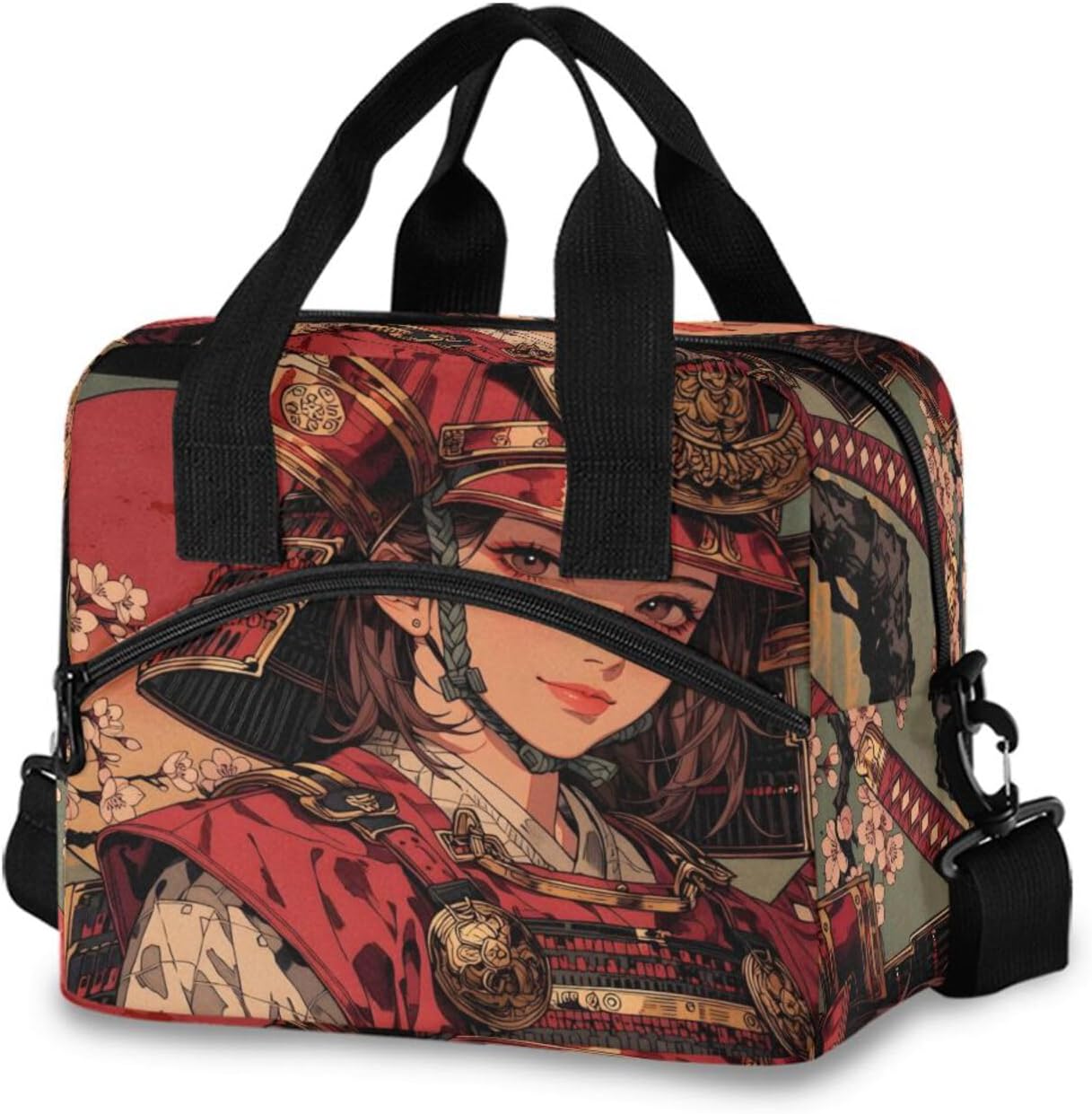 Retro Anime Samurai Lunch Bags Insulated Cooler Lunch Box Container 19 Cans Capacity with Detachable Strap Top Handle 11.4×7.1×9.5 in