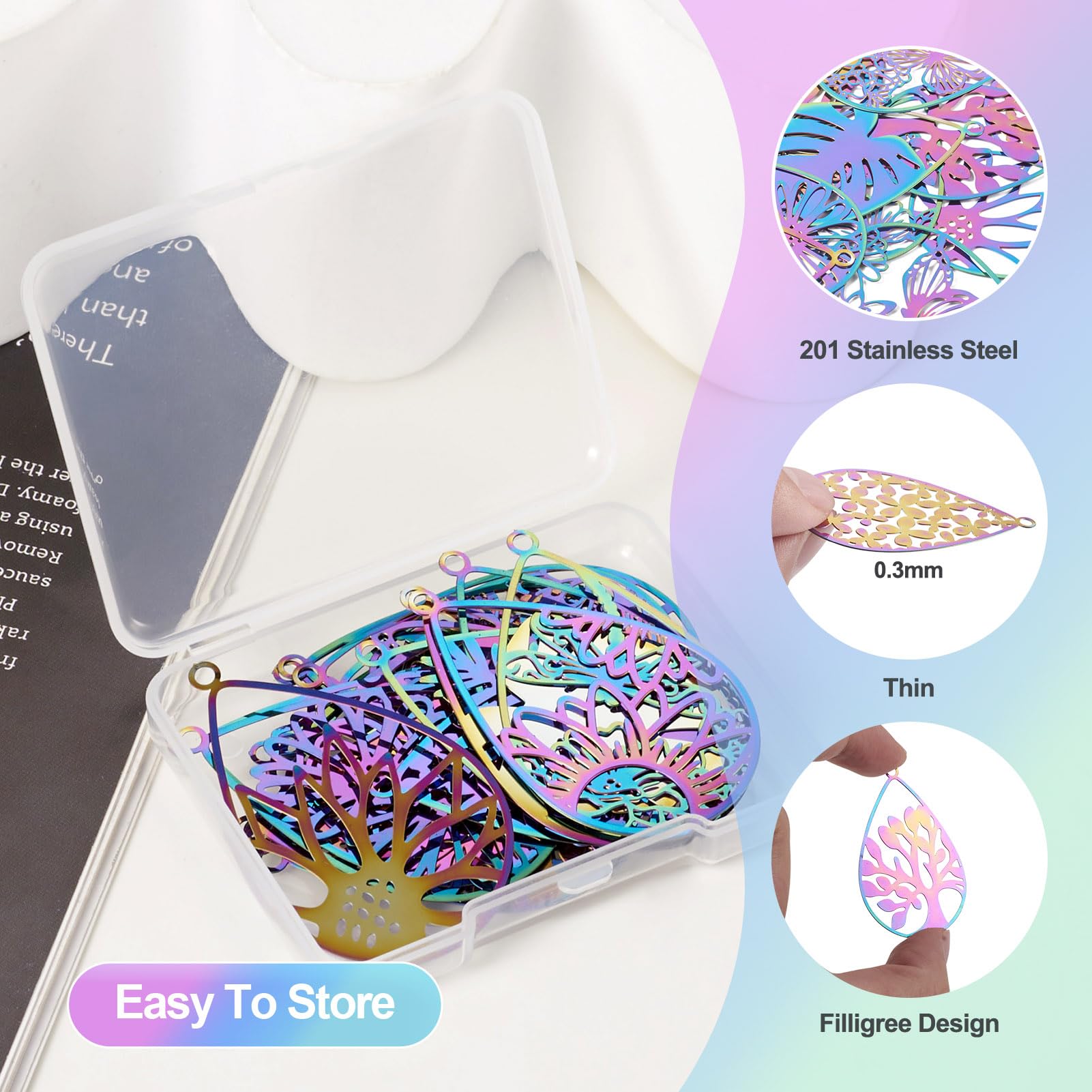 Spritewelry 24Pcs Stainless Steel Teardrop Filigree Pendants Dragonfly Butterfly Leaf Flower Hollow Etched Metal Embellishments Charms for Jewelry Making - Image 3