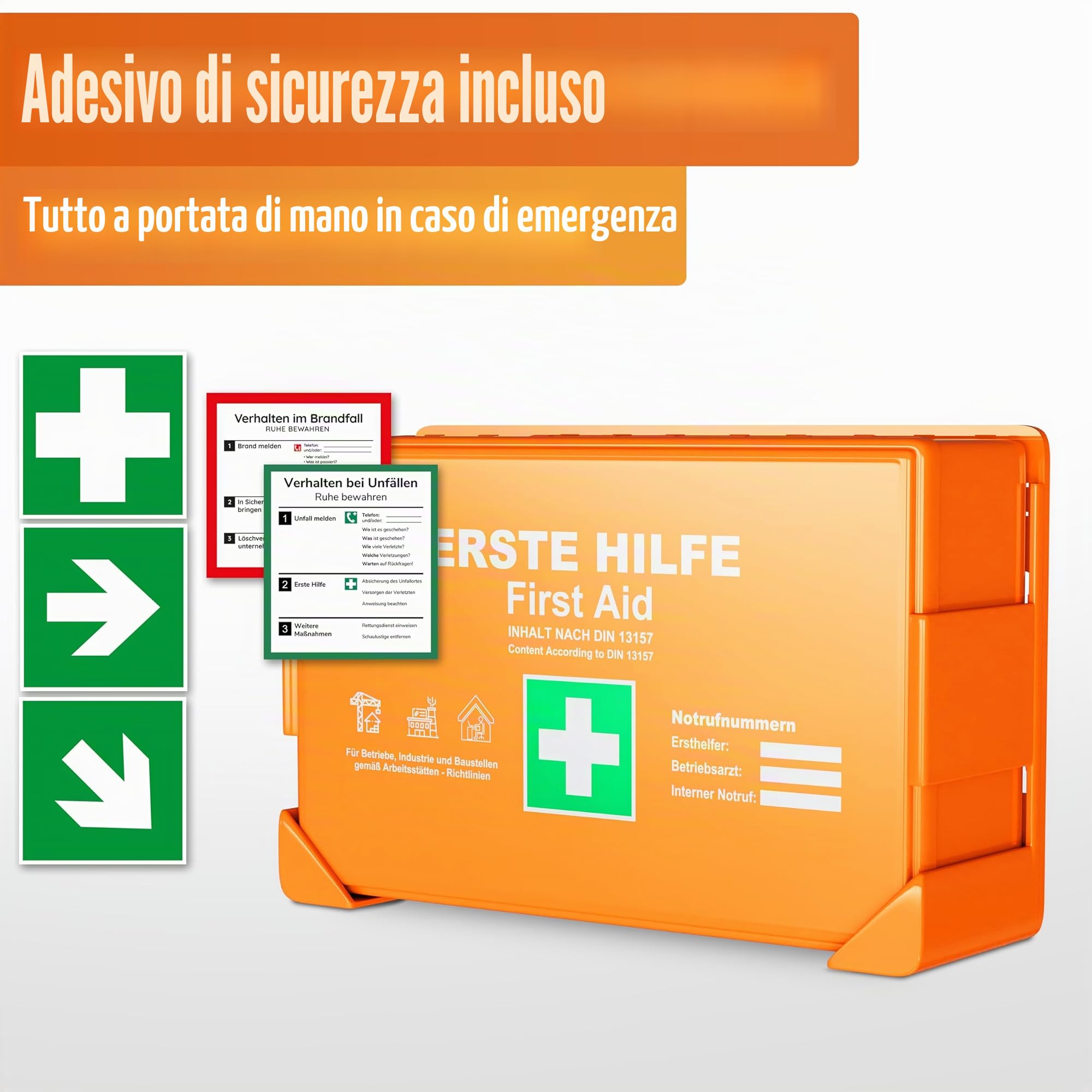 HELDENWERK Cassetta di pronto soccorso secondo la norma DIN 13157:2021 con supporto da parete e adesivi; valigetta universale di primo soccorso per funzionamento, casa o gastronomia, cassetta di