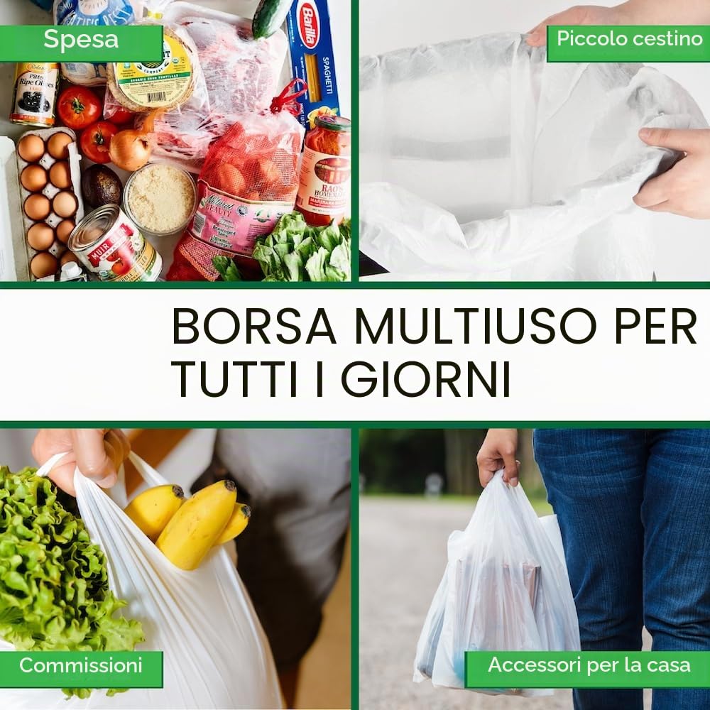 Sacchetti Bianchi in Plastica Ecologica con Manici - Stile Gilet, Dimensioni a Scelta per Spesa, Regali, Boutique