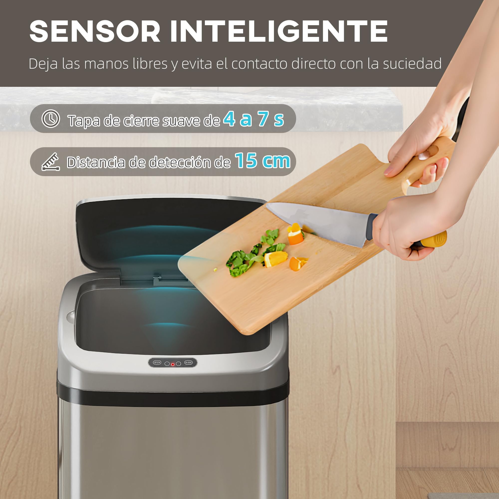 HOMCOM Cubo de Basura Cocina Automático 48 L Sensor Infrarrojo Plata | Papelera Cocina de Acero Inoxidable, Cierre Automático, Antihuellas, para Dormitorio, Oficina