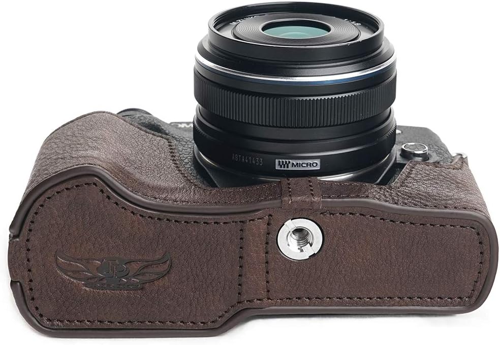 E-M10 Mark IV Camera Case, BolinUS Handmade Genuine Real Leather Half Camera Case Bag Cover for Olympus OM-D E-M10 Mark IV 4 Camera Bottom Opening Version + Hand Strap (Coffee)