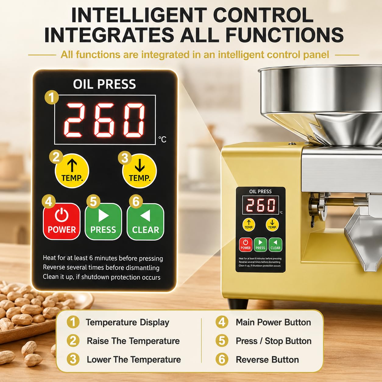 Maszyna do tłoczenia oleju 1500 W, ekstraktor na zimno ze stali nierdzewnej z pojemnikiem 235 mm, wydajność 5-9 kg/h do oliwek, orzeszków ziemnych, kokosów, sezamu