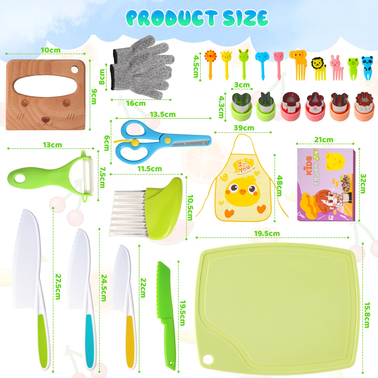 FANTICDE Set di coltelli per bambini, 13 pezzi, set da cucina per bambini, vero e proprio set di coltelli per cucinare in cucina/con tagliere, coltello in legno, coltello per patate, set grembiule