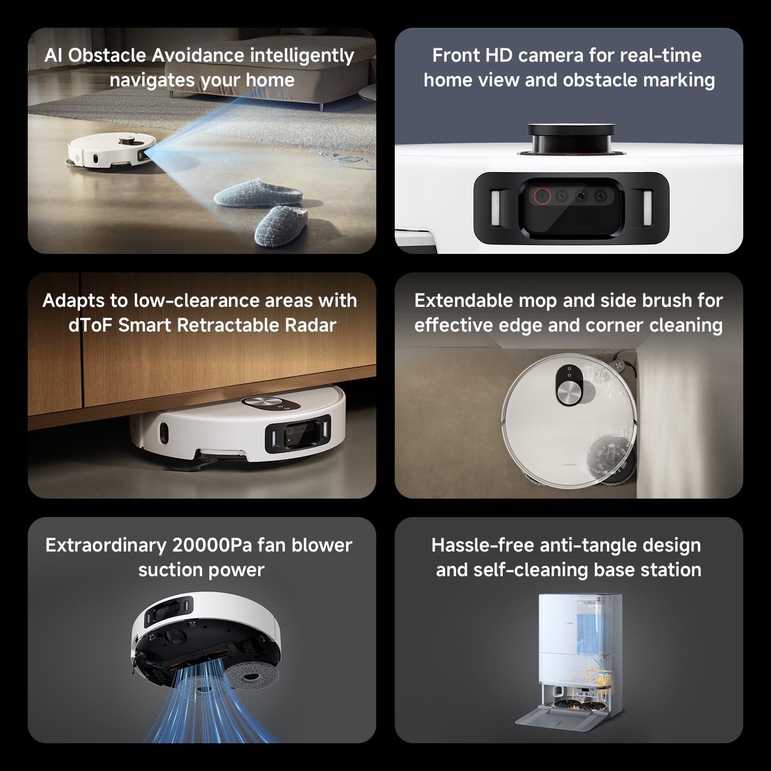 Six key features of Xiaomi Robot Vacuum 5 Pro: AI Obstacle Avoidance, Front HD camera, dToF Smart Retractable Radar, Extendable mop and side brush, 20000Pa suction, Self-cleaning base station