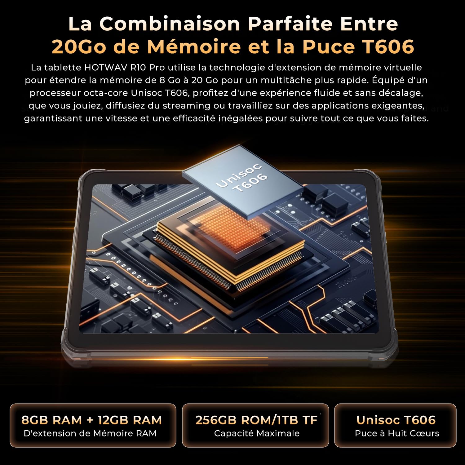 HOTWAV R10 Pro Tablette Incassable-20Go + 256Go/TF 1To Android 14 Tablette | 10080mAh Battery, Écran 10.1" HD+ Tablette Chantier, 13MP+5MP, Octa Core, Dual SIM 4G, Face ID, IP68&IP69K, GPS/OTG