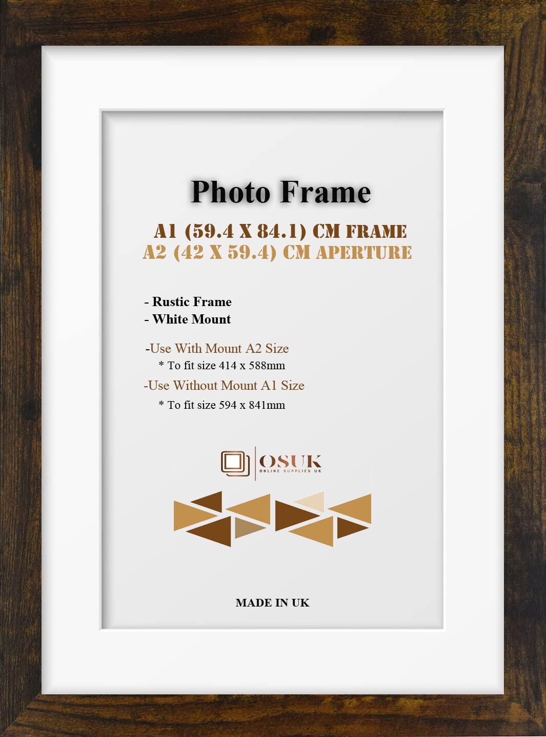 OSUK Rustic A1 Frame With A2 Mount - Modern Photo Frame With White Mount - Clear Perspex Front & Wall Mounting Poster Frame - Rustic A1 Picture Frame With A2 White Mount