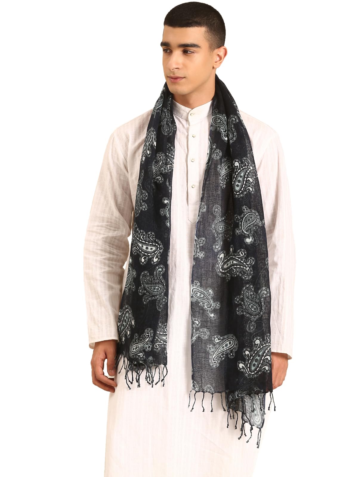 linen club Unisex Linen Stole Paisley Black (Size:Free Size)-picture-50