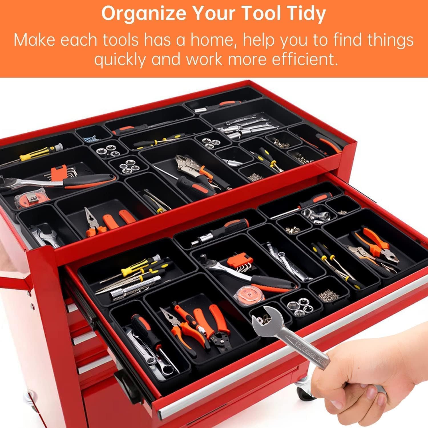 [5-Sizes] 70 Pack Tool Box Organizer Tray, Large 12'' Tools Box Organizers and Storage, for Hammer, Wrench, Screw, Small Parts Toolbox Organization, Tool Cart Chest Garage Drawer Organizer Tray, Black