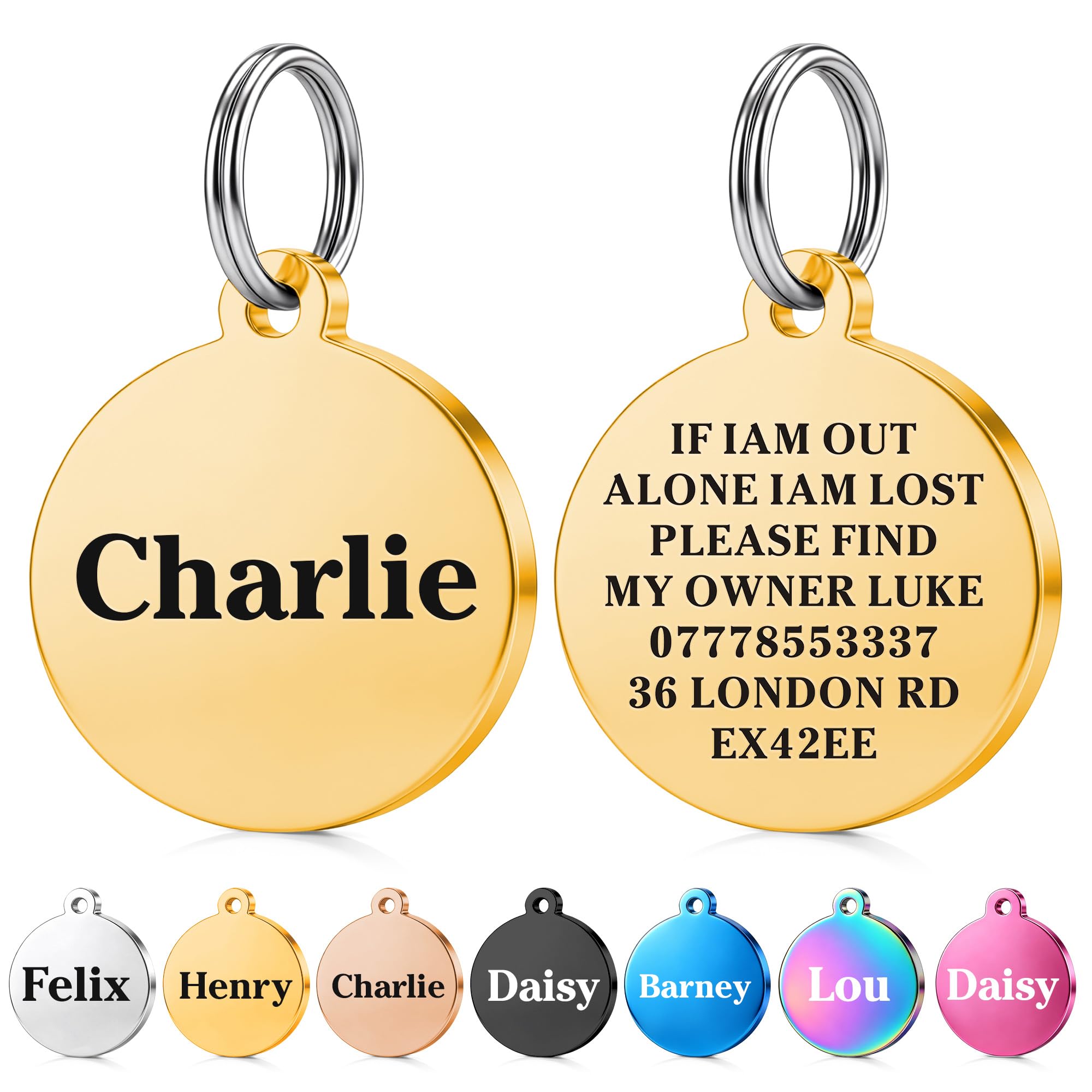 Personalised Engraved Dog Tag ID Name Tags for Cat Puppy Pet Collar Tag Hand Finished in UK (Gold(Round), L) โ image 1