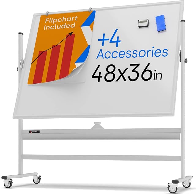 Rolling Magnetic Whiteboard 1200x900mm - Large Portable Dry Erase Board with Stand - Double Sided Easel Style Whiteboard with Wheels - Mobile Standing Whiteboard for Office, Classroom & Home
