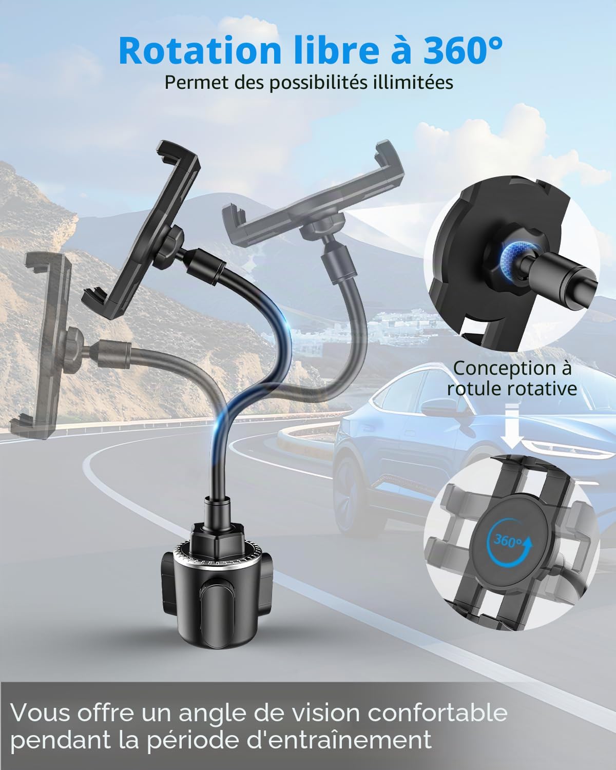 Support Tablette Voiture Porte-Gobelet, Col de Cygne Support Tablette Tasse | pour Camion, Tapis de Course, Voiturette de Golf, pour iPad Pro Mini Air, Galaxy, iPhone 4-13" Téléphone Tablet