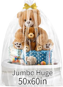 woric 6PCS Jumbo Huge Cellophane Gift Bags 50x60 Inch Extra Large Cellophane Wrap for Bathtub Baby Shower Birthday Graduation Gifts Baskets Stuffers