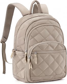 Travel Laptop Backpack, College Backpack for Women, Quilted Small Computer Bookbag, Water-Resistant 15.6 Inch Laptop Casual Bag, Beige