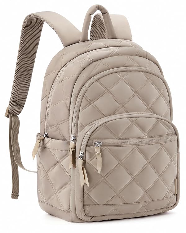 BAGSMART Travel Laptop Backpack, College Backpack for Women, Quilted Small Computer Bookbag, Water-Resistant 15.6 Inch Laptop Casual Bag, Beige by BAGSMART - Used condition - US$13.99