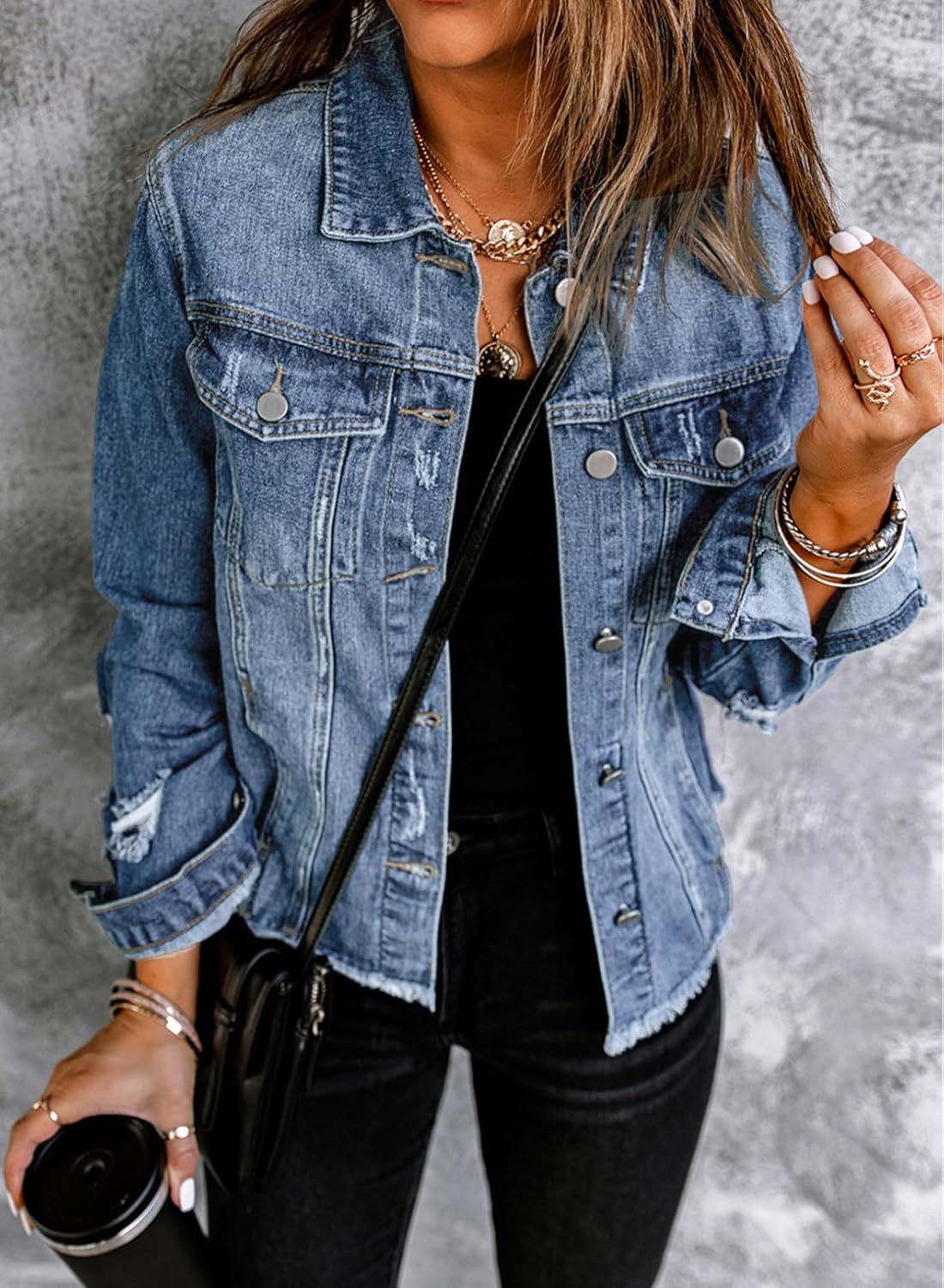 EVALESS Womens Boyfriend Washed Crop Denim Jean Jacket Coat - Image 2