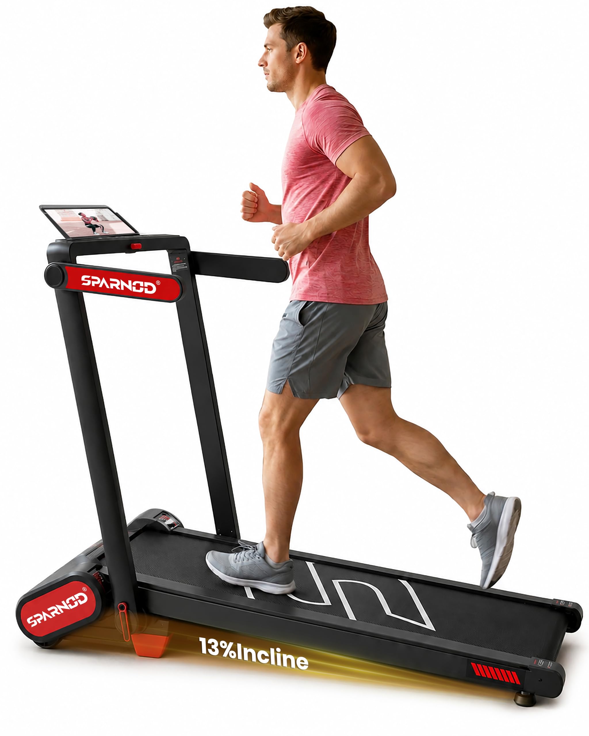 sparnod fitness sth-3035 walking pad treadmill for home use, 2.5 hp motor, speed 1–12 km/h, 13% auto incline, foldable, remote control, safety lock, shock absorption system, max user weight 120 kg