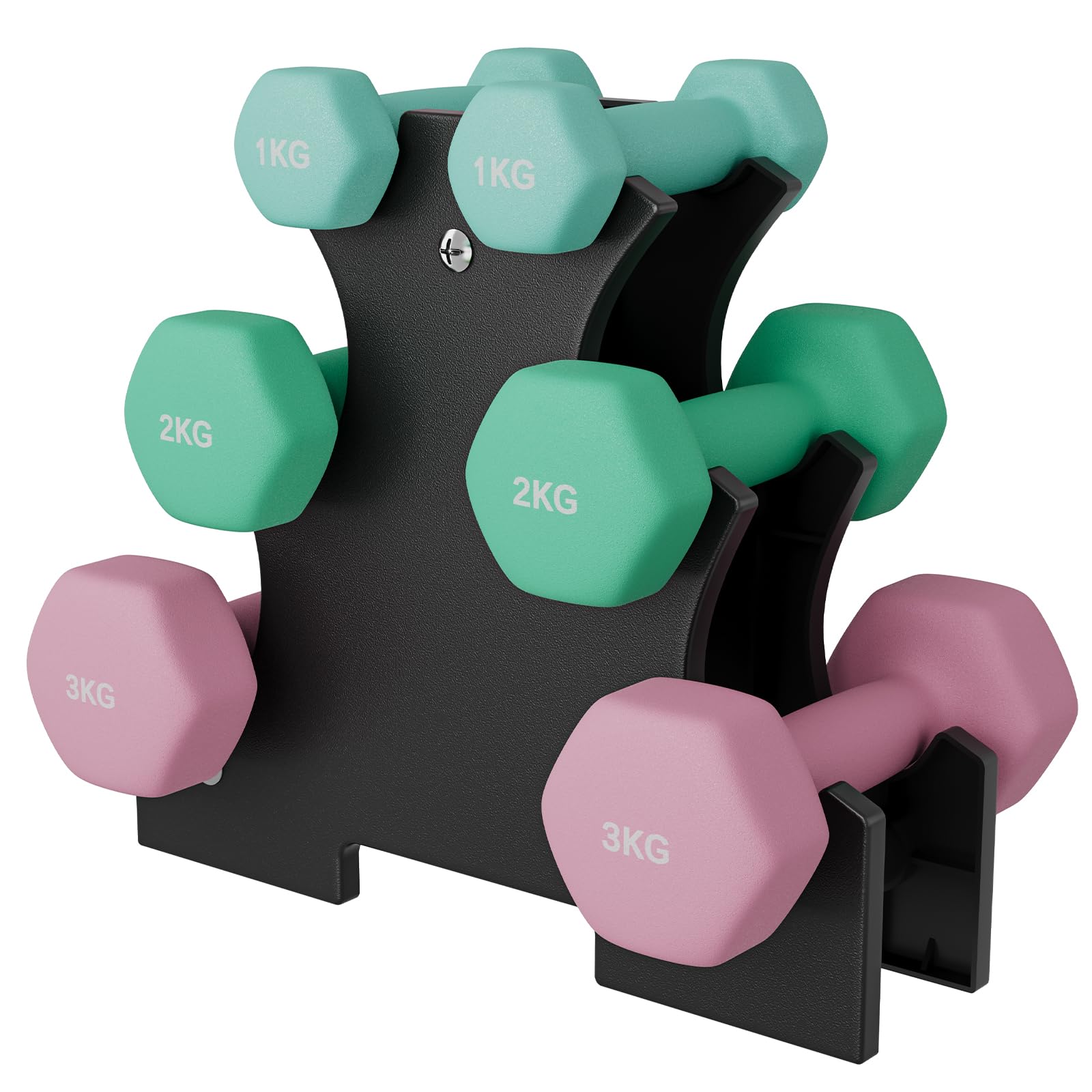 Dripex Set di manubri in neoprene con supporto, set di 6 manubri per sollevamento pesi, 12/18 kg, antiscivolo, compatto per palestra a casa