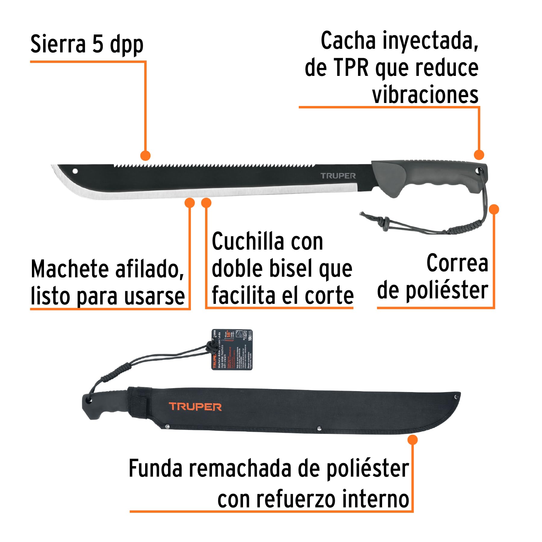 Truper MACH-18X, Machete doppio taglio 18" cacha bimateriale con guaina cinturino in poliestere