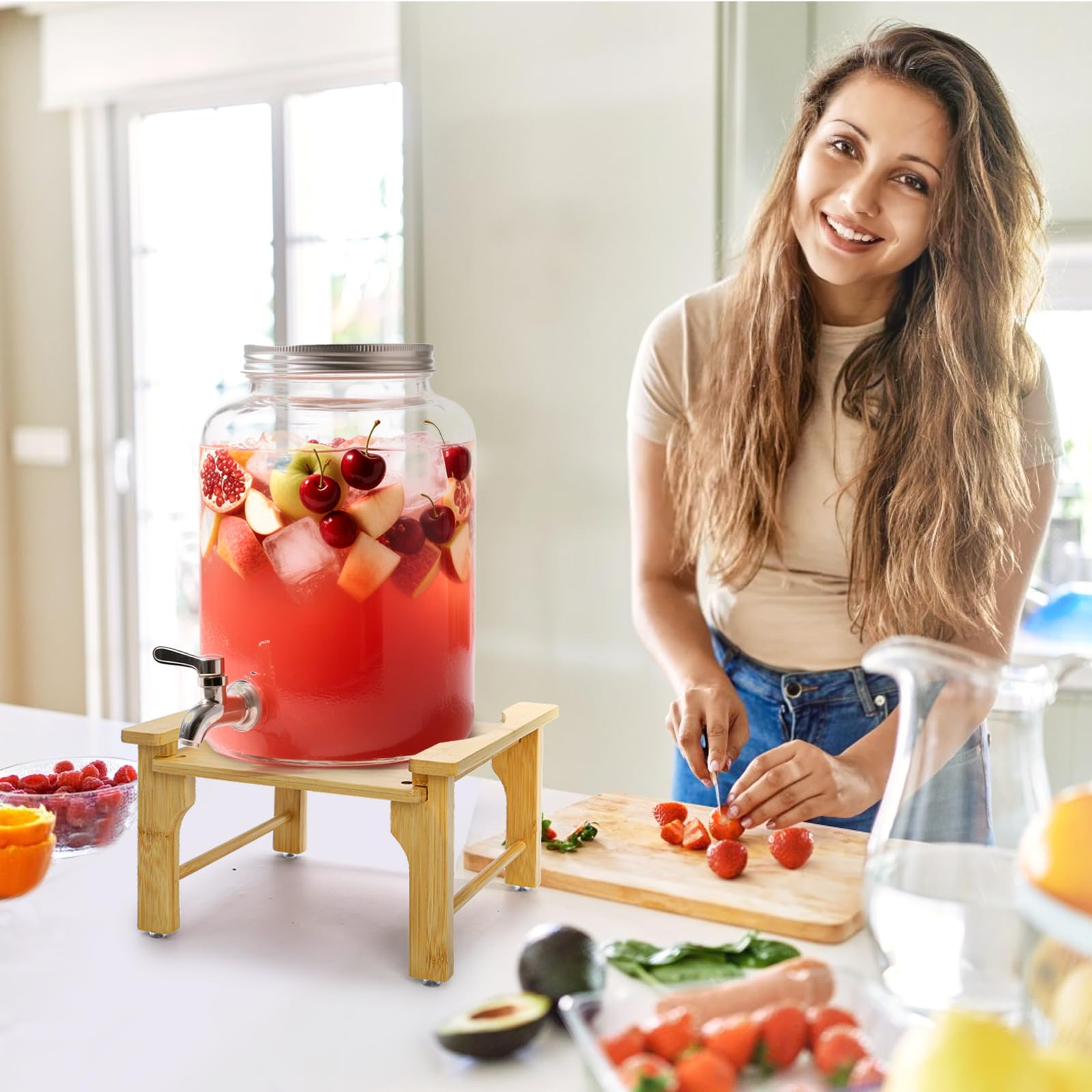 Tebery Soporte dispensador de bebidas de bambú natural, base de jarra de agua de vidrio, se adapta a 6-8 pulgadas de diámetro para el hogar, fiestas y eventos de catering